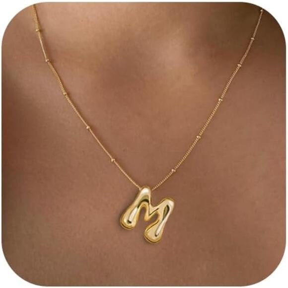 Gold Bubble Letter M Necklace for Women Dainty 14K Gold Plated Balloon Initial M - Picture 1 of 4